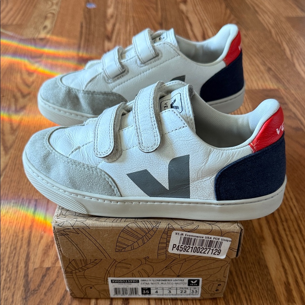 Veja Women or Kids 35 Small V-12 Chromefree Leather White, Gray, and Red Sneaker